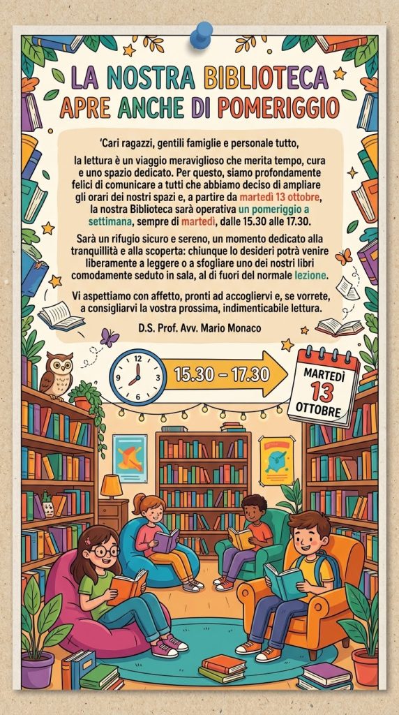 📚Apertura Pomeridiana della Biblioteca Scolastica – Un nuovo Spazio dedicato alla Lettura📖